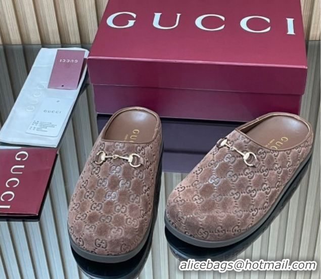 Classic Hot Gucci GG Suede Flat Mules with Horsebit Dark Brown 836057 1020010