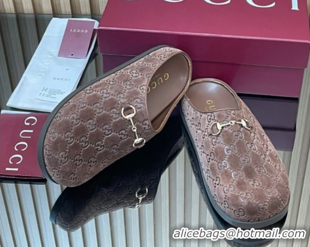 Classic Hot Gucci GG Suede Flat Mules with Horsebit Dark Brown 836057 1020010