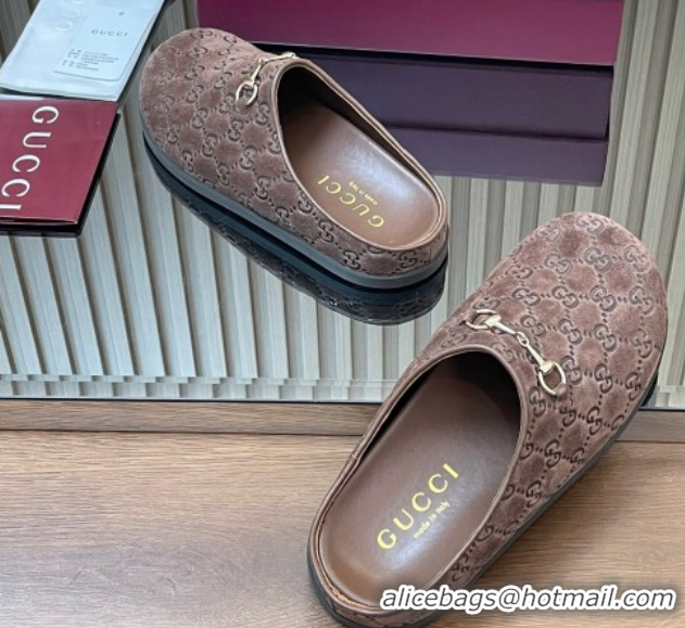 Classic Hot Gucci GG Suede Flat Mules with Horsebit Dark Brown 836057 1020010