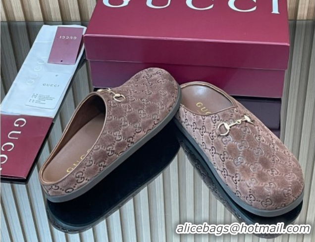 Classic Hot Gucci GG Suede Flat Mules with Horsebit Dark Brown 836057 1020010