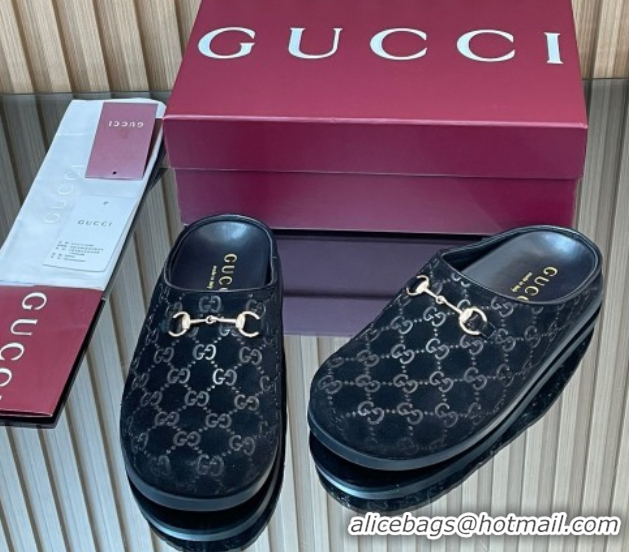 Perfect Gucci GG Suede Flat Mules with Horsebit Black 836057 1020011