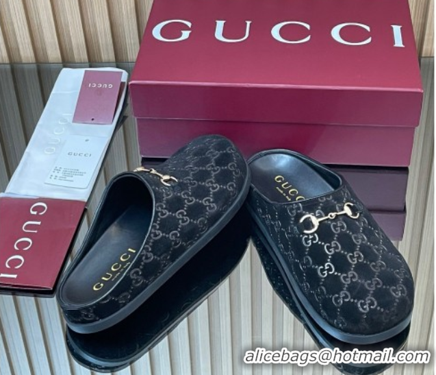 Perfect Gucci GG Suede Flat Mules with Horsebit Black 836057 1020011