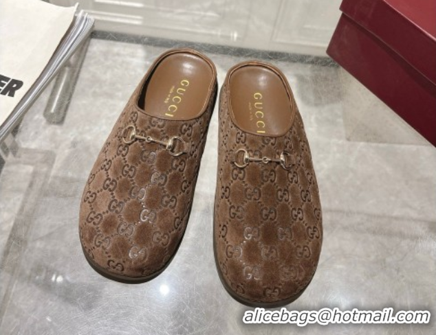 Grade Quality Gucci GG Suede Flat Mules with Horsebit Coffe Brown 836057 1020012