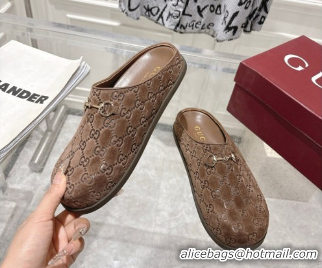 Grade Quality Gucci GG Suede Flat Mules with Horsebit Coffe Brown 836057 1020012