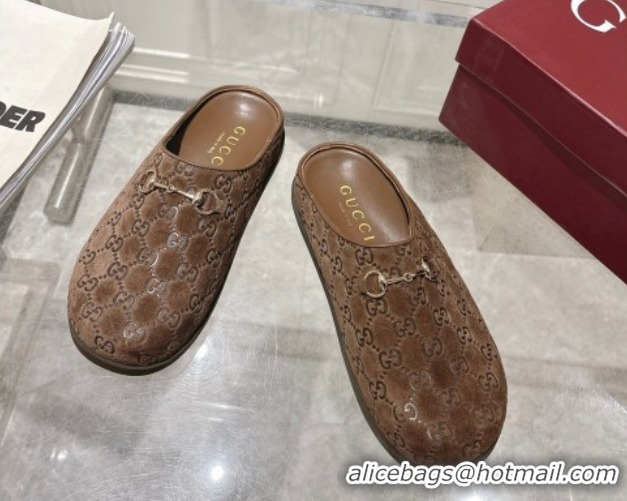 Grade Quality Gucci GG Suede Flat Mules with Horsebit Coffe Brown 836057 1020012