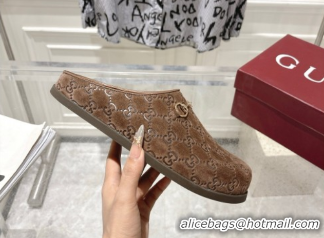 Grade Quality Gucci GG Suede Flat Mules with Horsebit Coffe Brown 836057 1020012