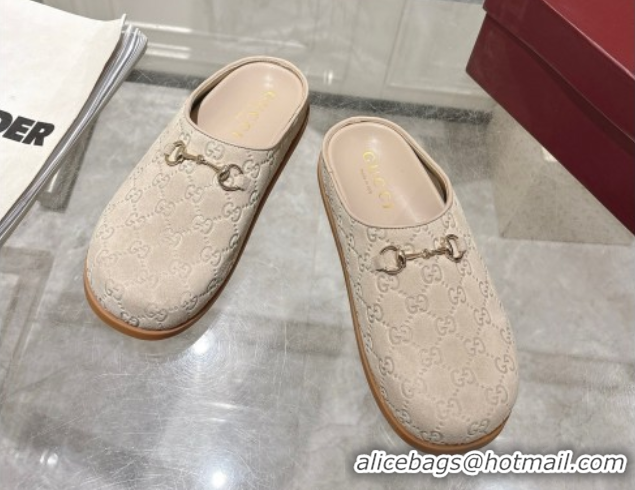 Good Looking Gucci GG Suede Flat Mules with Horsebit Light Beige 836057 1020013