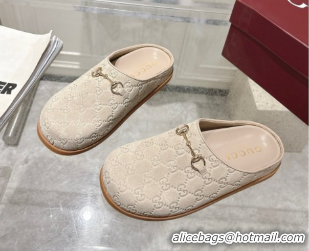 Good Looking Gucci GG Suede Flat Mules with Horsebit Light Beige 836057 1020013
