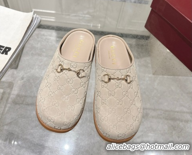 Good Looking Gucci GG Suede Flat Mules with Horsebit Light Beige 836057 1020013