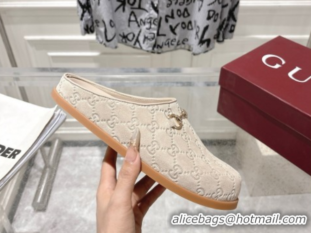 Good Looking Gucci GG Suede Flat Mules with Horsebit Light Beige 836057 1020013