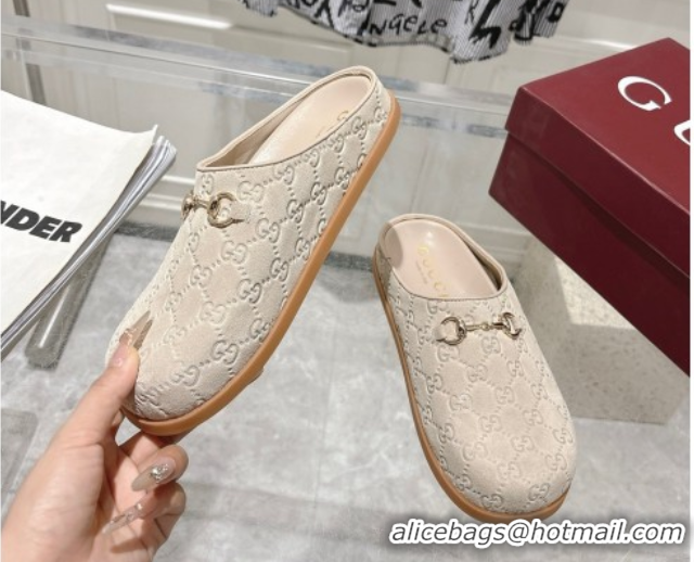 Good Looking Gucci GG Suede Flat Mules with Horsebit Light Beige 836057 1020013