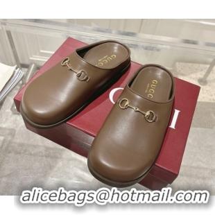 Good Quality Gucci Leather Flat Mules with Horsebit Coffee Brown 20252 836057 1020014
