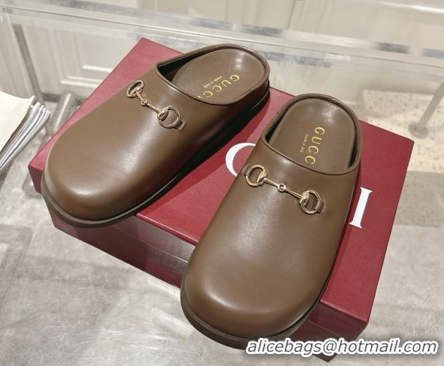 Good Quality Gucci Leather Flat Mules with Horsebit Coffee Brown 20252 836057 1020014