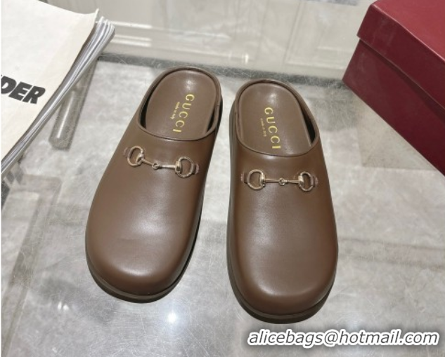 Good Quality Gucci Leather Flat Mules with Horsebit Coffee Brown 20252 836057 1020014