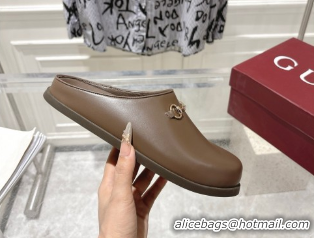 Good Quality Gucci Leather Flat Mules with Horsebit Coffee Brown 20252 836057 1020014