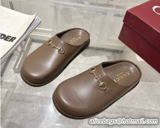 Good Quality Gucci Leather Flat Mules with Horsebit Coffee Brown 20252 836057 1020014