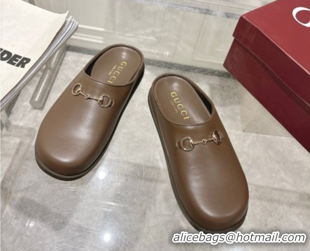 Good Quality Gucci Leather Flat Mules with Horsebit Coffee Brown 20252 836057 1020014