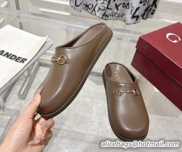 Good Quality Gucci Leather Flat Mules with Horsebit Coffee Brown 20252 836057 1020014
