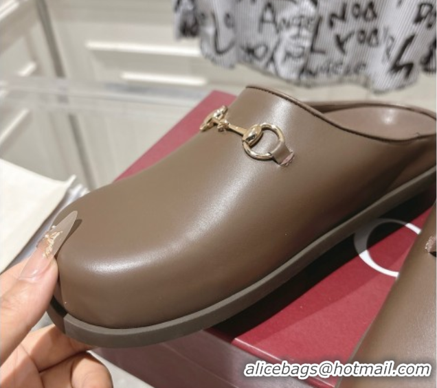 Good Quality Gucci Leather Flat Mules with Horsebit Coffee Brown 20252 836057 1020014