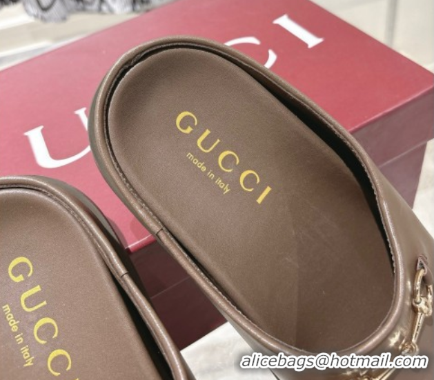 Good Quality Gucci Leather Flat Mules with Horsebit Coffee Brown 20252 836057 1020014