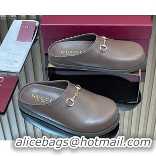 Best Grade Gucci Leather Flat Mules with Horsebit Dark Brown 836057 1020015
