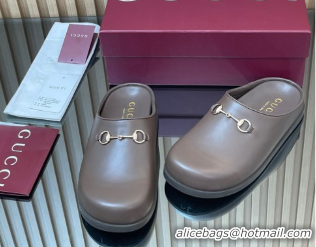 Best Grade Gucci Leather Flat Mules with Horsebit Dark Brown 836057 1020015