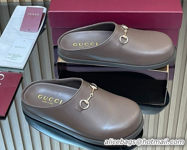 Best Grade Gucci Leather Flat Mules with Horsebit Dark Brown 836057 1020015