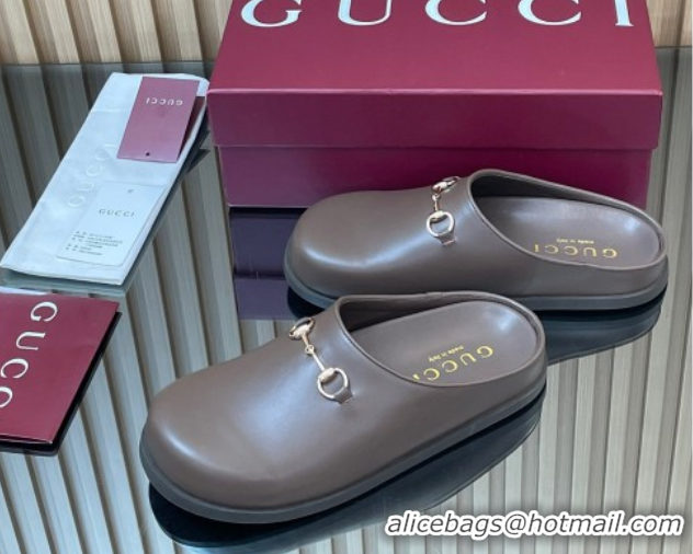 Best Grade Gucci Leather Flat Mules with Horsebit Dark Brown 836057 1020015