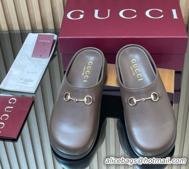 Best Grade Gucci Leather Flat Mules with Horsebit Dark Brown 836057 1020015