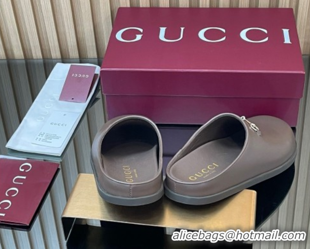Best Grade Gucci Leather Flat Mules with Horsebit Dark Brown 836057 1020015