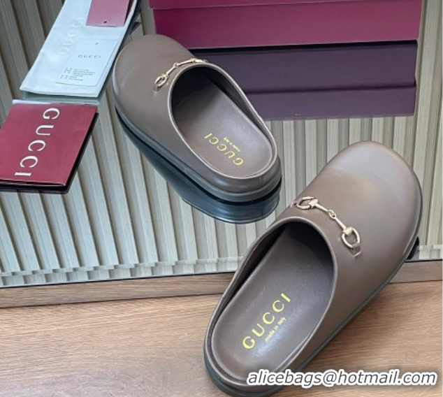 Best Grade Gucci Leather Flat Mules with Horsebit Dark Brown 836057 1020015