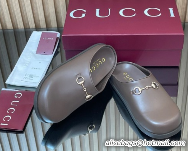 Best Grade Gucci Leather Flat Mules with Horsebit Dark Brown 836057 1020015