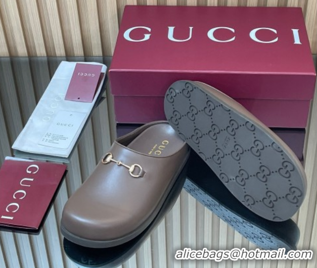 Best Grade Gucci Leather Flat Mules with Horsebit Dark Brown 836057 1020015