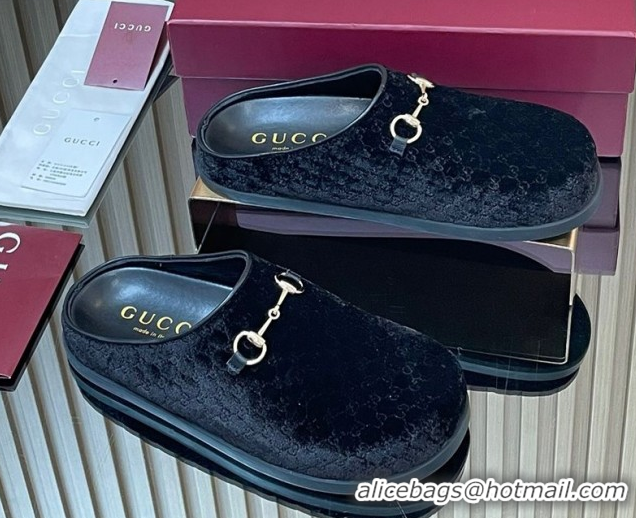 Good Looking Gucci GG Velvet Flat Mules with Horsebit Black 836057 1020017