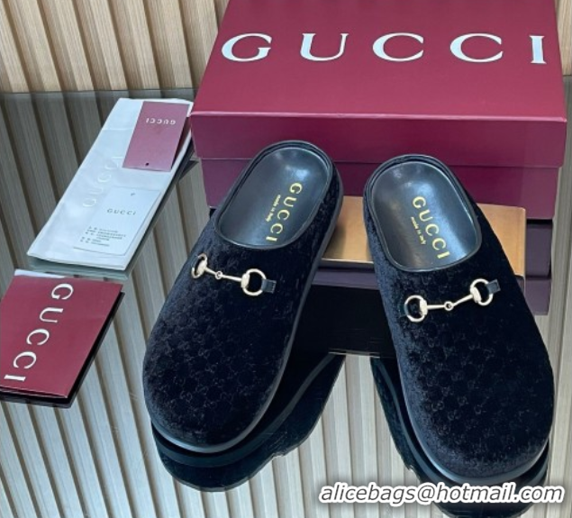 Good Looking Gucci GG Velvet Flat Mules with Horsebit Black 836057 1020017