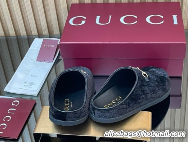 Good Looking Gucci GG Velvet Flat Mules with Horsebit Black 836057 1020017