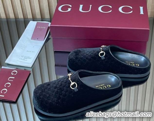 Good Looking Gucci GG Velvet Flat Mules with Horsebit Black 836057 1020017