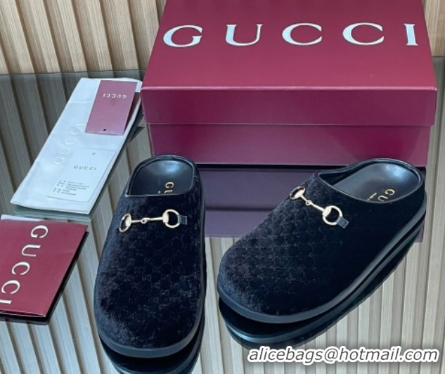 Good Looking Gucci GG Velvet Flat Mules with Horsebit Black 836057 1020017