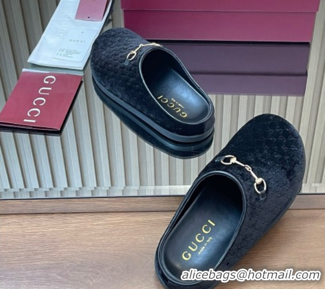 Good Looking Gucci GG Velvet Flat Mules with Horsebit Black 836057 1020017