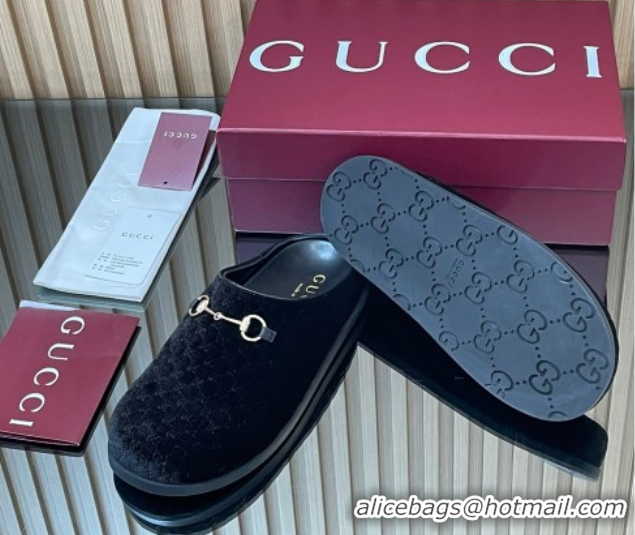 Good Looking Gucci GG Velvet Flat Mules with Horsebit Black 836057 1020017