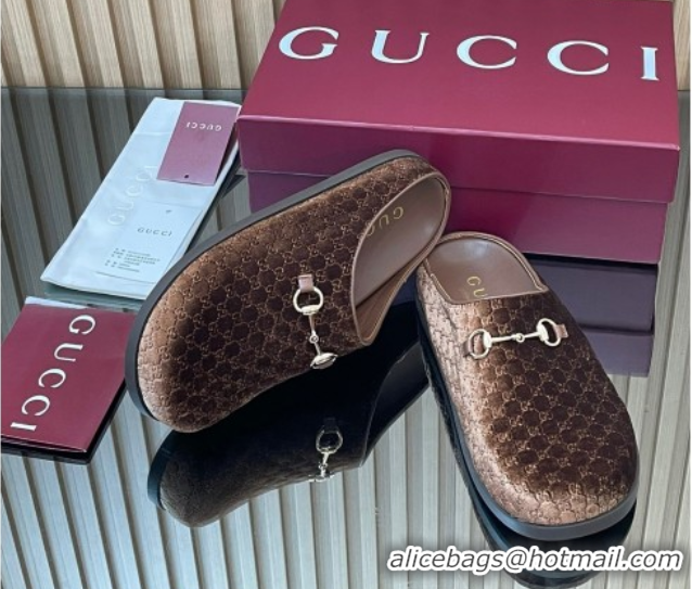 Purchase Gucci GG Velvet Flat Mules with Horsebit Dark Brown 836057 1020018