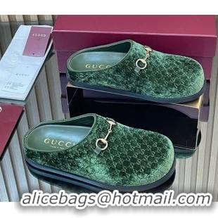 Good Quality Gucci GG Velvet Flat Mules with Horsebit Dark Green 836057 1020019