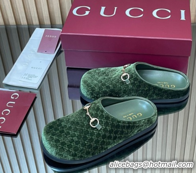Good Quality Gucci GG Velvet Flat Mules with Horsebit Dark Green 836057 1020019