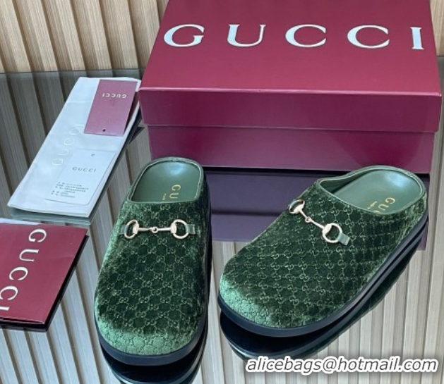 Good Quality Gucci GG Velvet Flat Mules with Horsebit Dark Green 836057 1020019