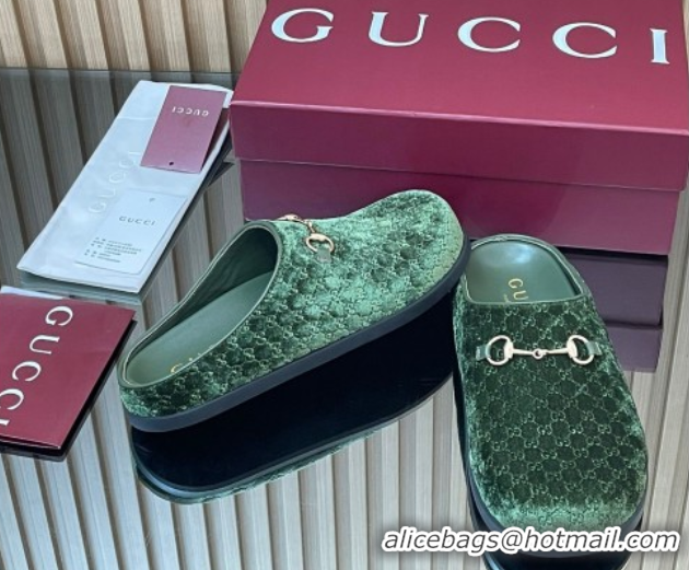 Good Quality Gucci GG Velvet Flat Mules with Horsebit Dark Green 836057 1020019