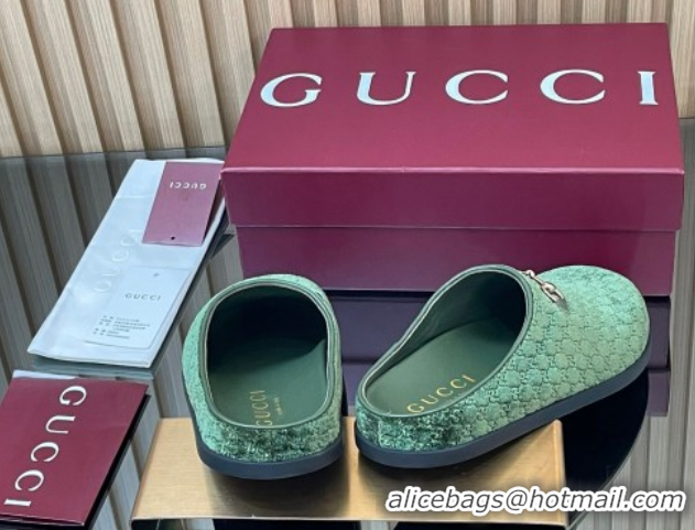 Good Quality Gucci GG Velvet Flat Mules with Horsebit Dark Green 836057 1020019