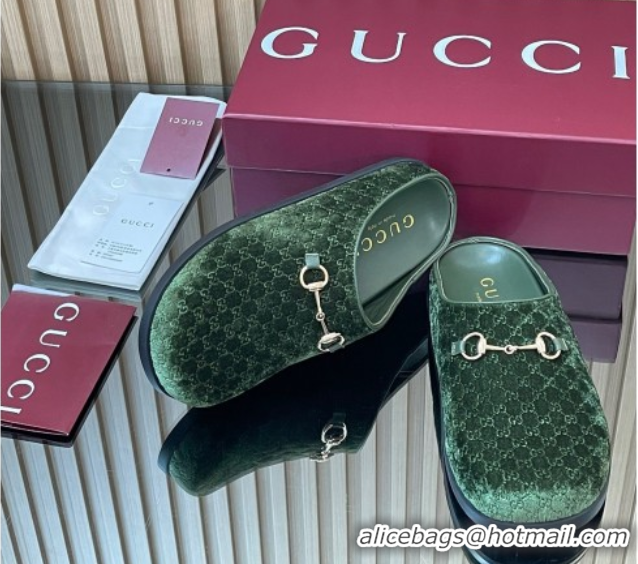 Good Quality Gucci GG Velvet Flat Mules with Horsebit Dark Green 836057 1020019