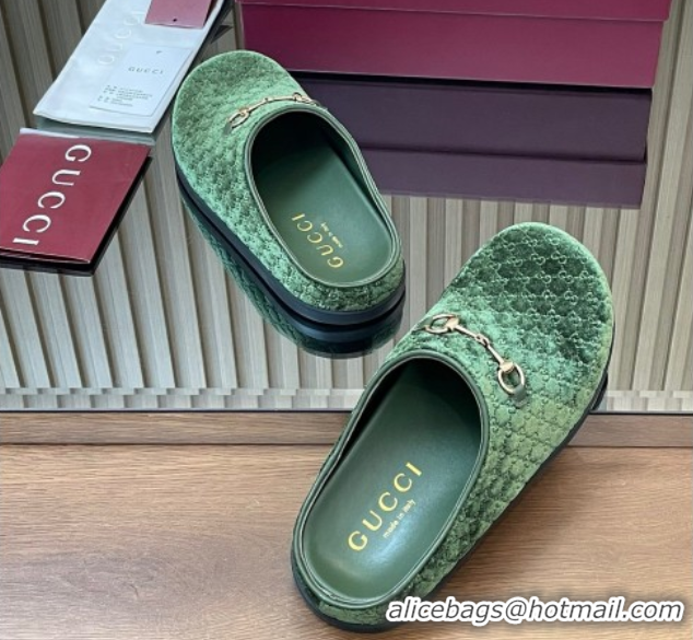 Good Quality Gucci GG Velvet Flat Mules with Horsebit Dark Green 836057 1020019