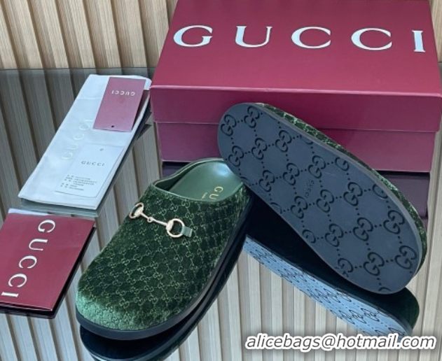 Good Quality Gucci GG Velvet Flat Mules with Horsebit Dark Green 836057 1020019