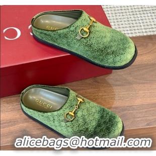 Classic Hot Gucci GG Velvet Flat Mules with Horsebit Green 1020023